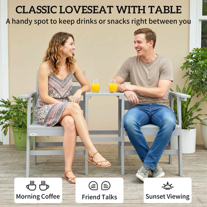 Wooden Jack & Jill Garden Loveseat | Integrated Centre Table | Embossed Fir Wood | Angled Backrest | Slatted | 300kg | 149x67x94cm | Grey