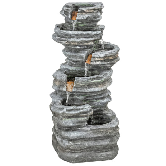 6-Tier Cascading Garden Water Fountain | LED Lights | Resin | Grey | 101.5cm