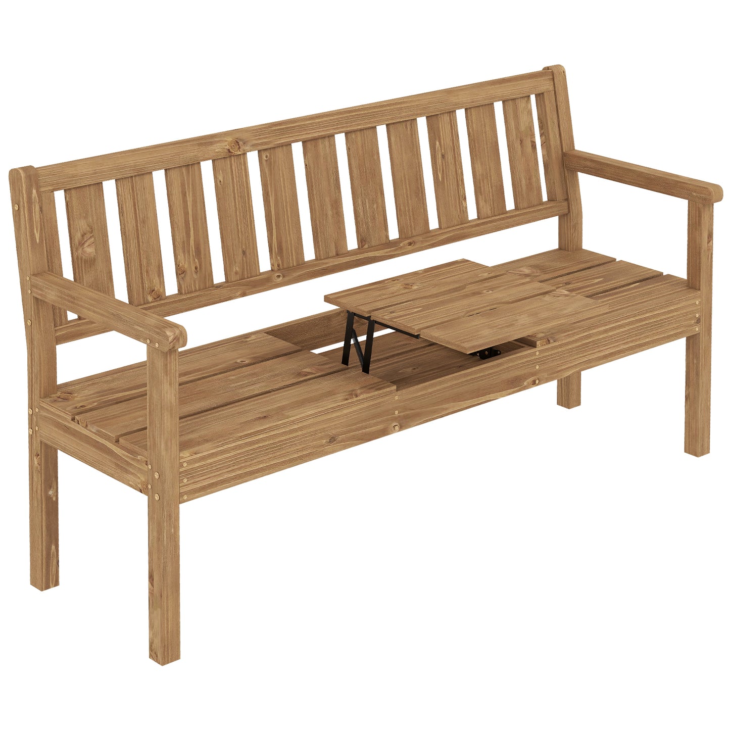 Outsunny Wooden Garden Loveseat with Liftable Table & Shelf, 2-3-Seater Outdoor Bench, Fir Wood Jack and Jill Garden Seat, Teak