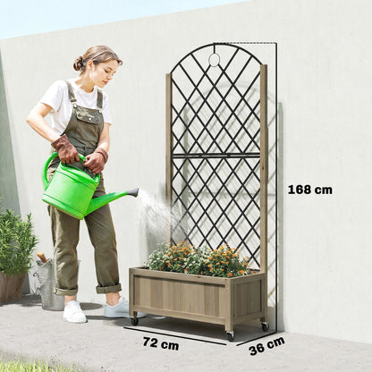 Raised Garden Bed with Metal Trellis | Wooden Elevated Planter Box | 50L Soil Capacity | 4 Wheels 2 Lockable | 30kg Max Load | 72x36x168cm | Carbonised Finish