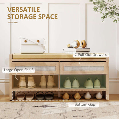 Boho Hallway Shoe Bench | 2 PE Rattan Drawers | Open Shelf | 5cm Foam Padded Seat for 2 | MDF Frame | 180kg Capacity | 105x35x50cm | Oak Wood Effect