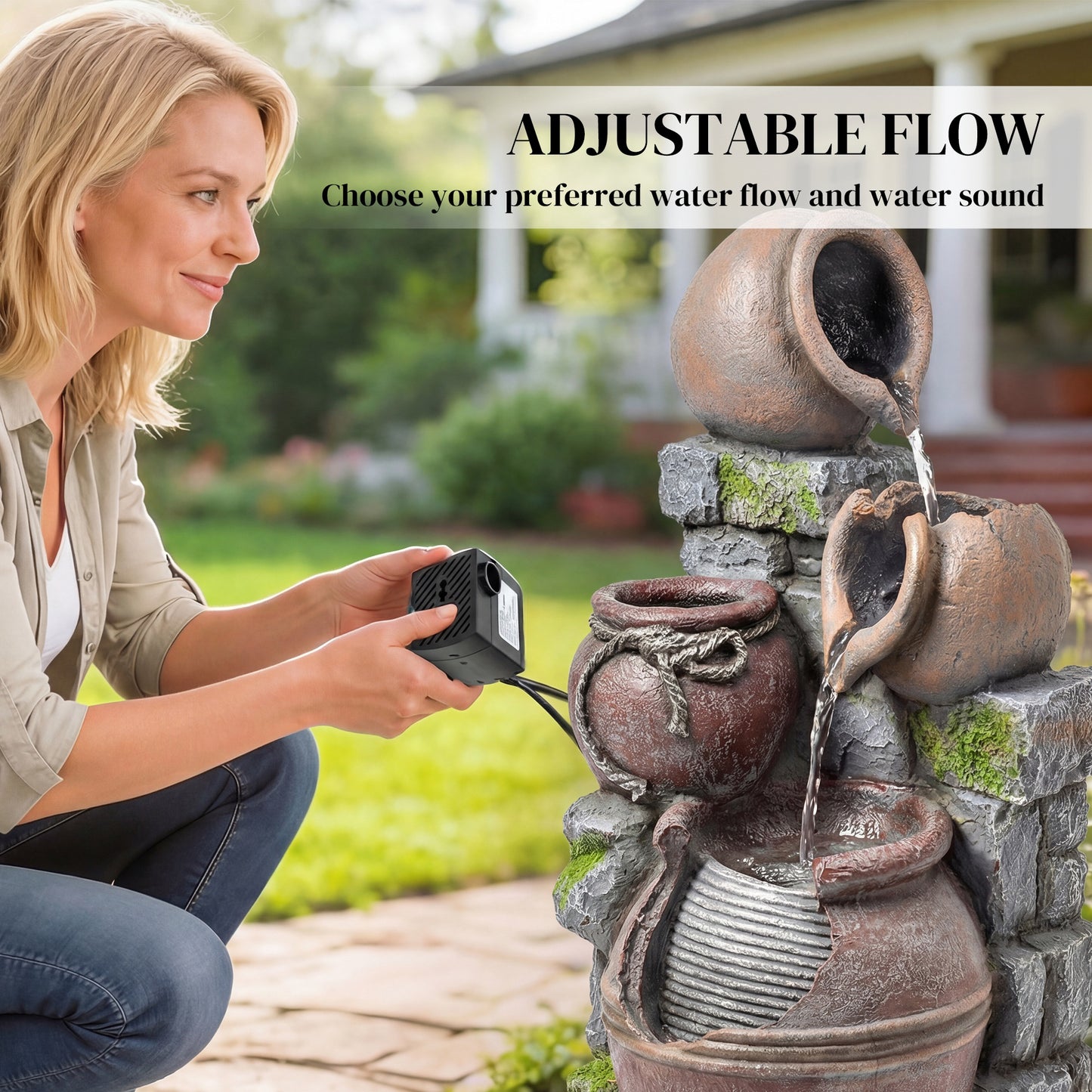 4-Tier Resin Waterfall Fountain with Built-In Planter | Warm White LED Lights | 3-Speed Adjustable Pump | 5W | 230V | 3m Cable | 31x30x59cm | Garden & Patio | Rustic Brown