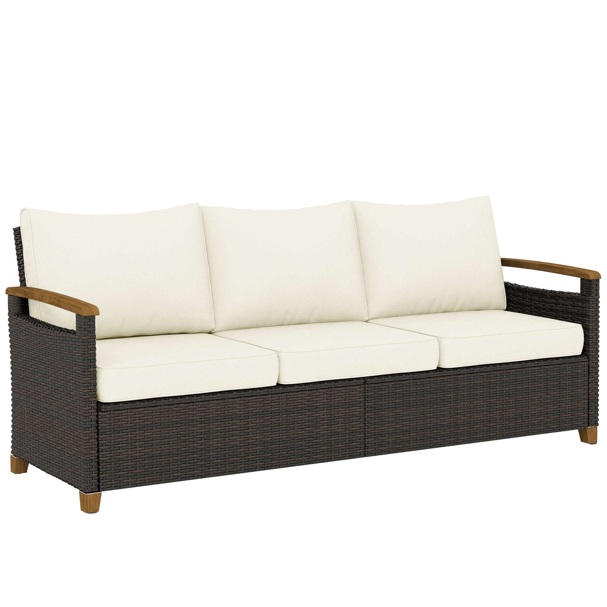 3-Seater Rattan Garden Sofa | PE Wicker | 10cm Seat Cushions | Washable Covers | Wood-Effect Arms | 360kg | All-Weather | Brown