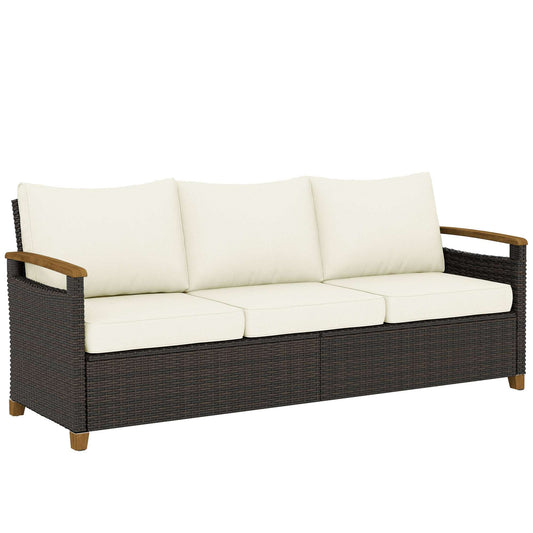 3-Seater Rattan Garden Sofa | PE Wicker | 10cm Seat Cushions | Washable Covers | Wood-Effect Arms | 360kg | All-Weather | Brown