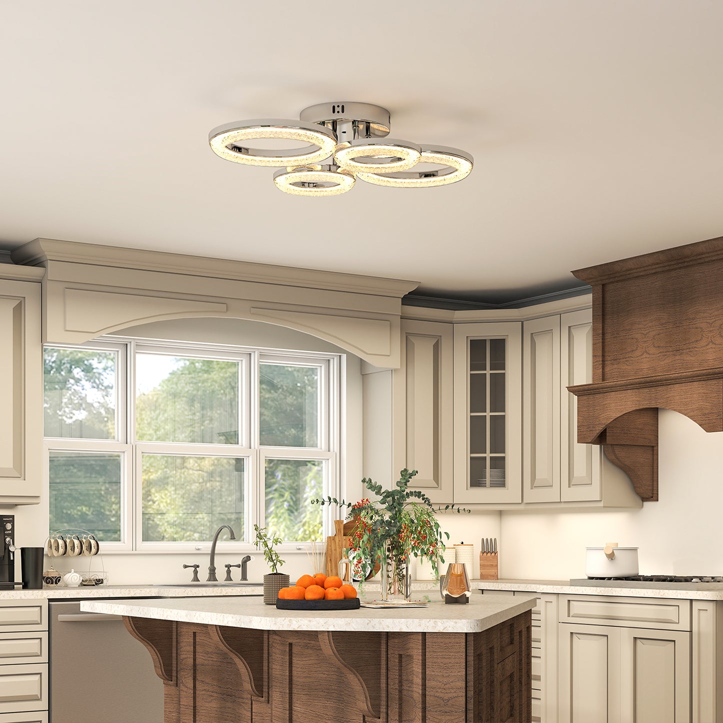 LED Ceiling Light, Modern 4 Rings Ceiling Lamp with Wall Switch Control, 40W 4350lm Flush Mount Ceiling Light with 3500K/4500K/6000K Colour Temperatures, Silver Tone