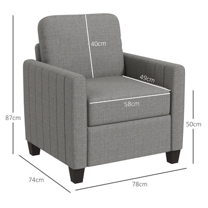 Armchair, Channel Tufted Modern Fabric Accent Chair, Comfy Upholstered Reading Lounge with Spring Cushion, Back Pillow - Light Grey / Blue