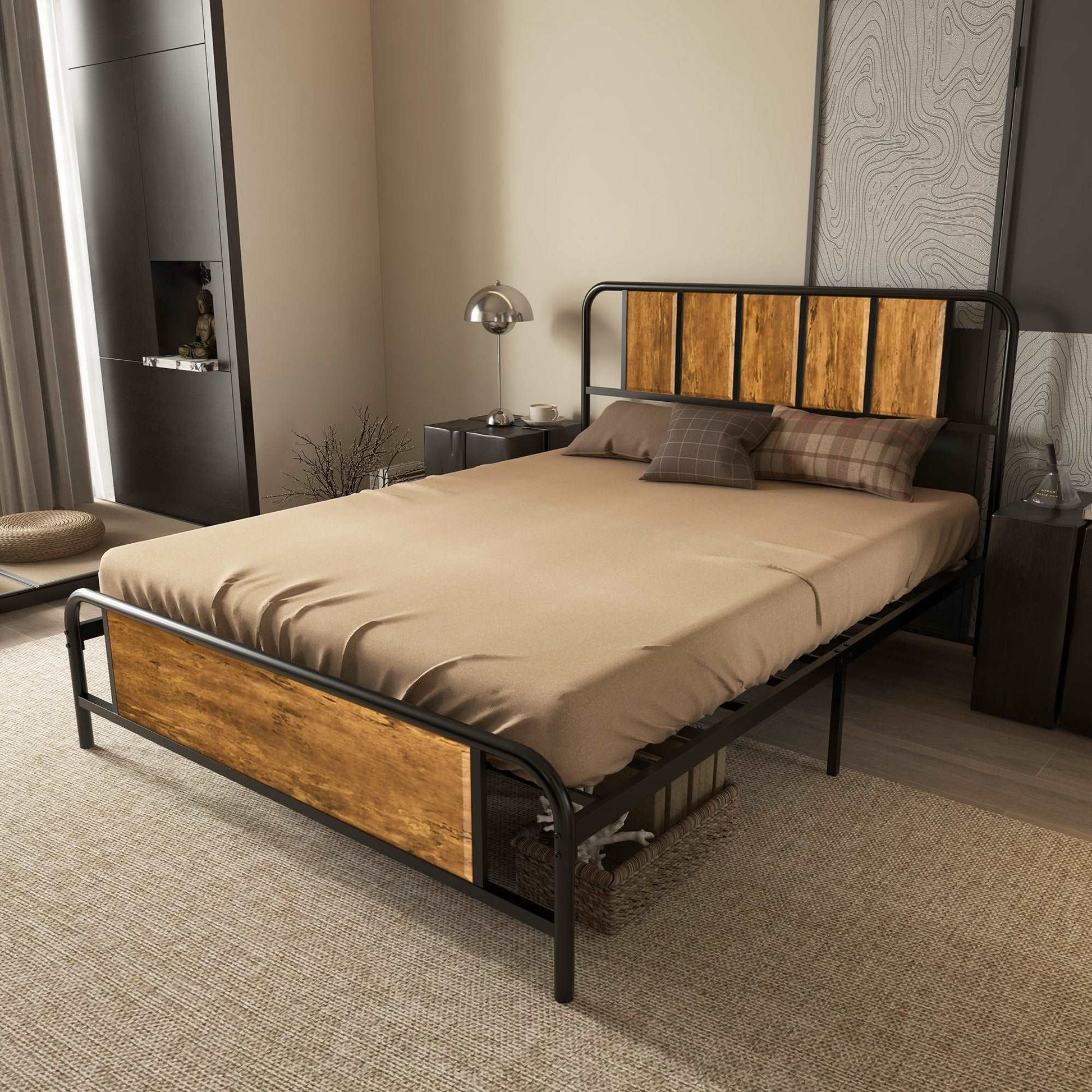 25.5cm Retro Double Bed Frame, Industrial Bed Base with Headboard, Footboard, Steel Slat Support and Under Bed Storage, 145 x 199cm, Rustic Brown