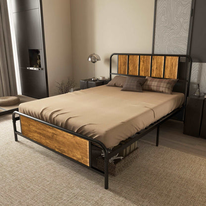 25.5cm Retro Double Bed Frame, Industrial Bed Base with Headboard, Footboard, Steel Slat Support and Under Bed Storage, 145 x 199cm, Rustic Brown