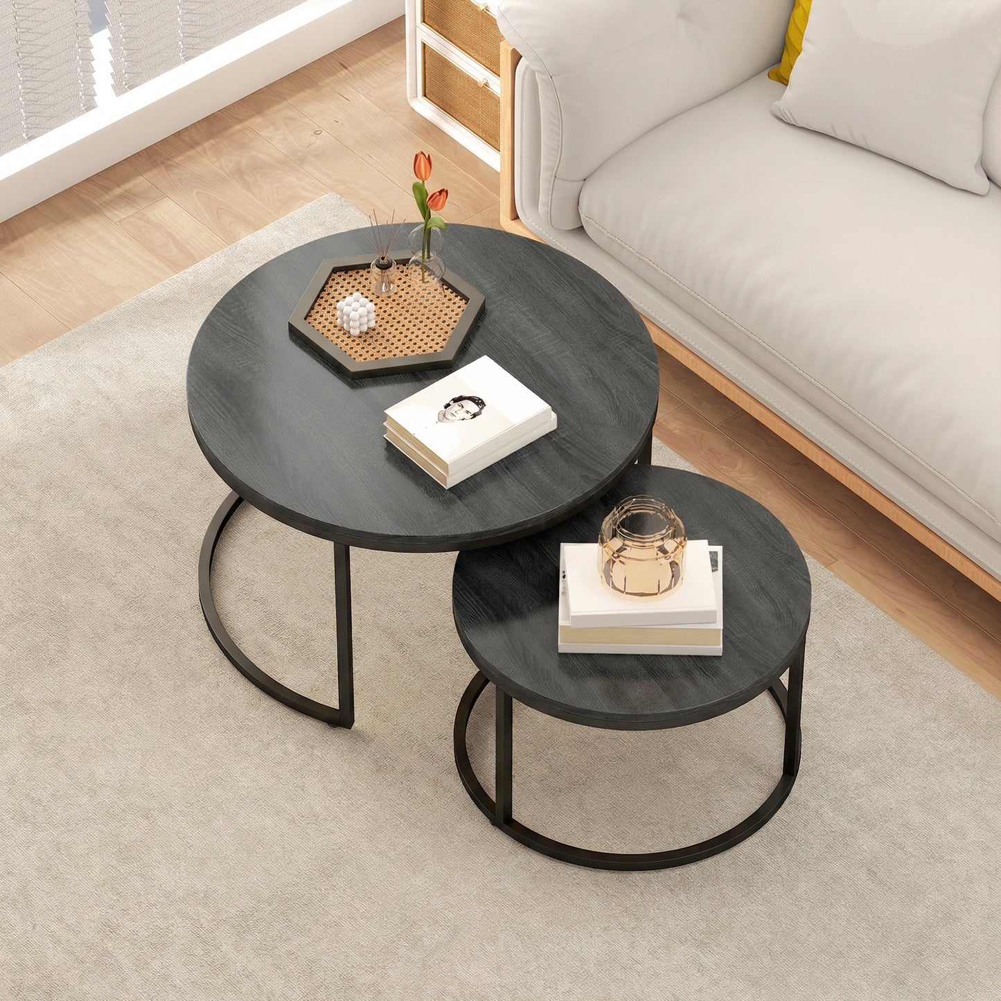 Set of 2 Round Nesting Coffee Tables | Wood-Effect MDF Top | Steel Frame | 50kg | Black Wood Grain