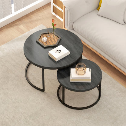 Set of 2 Round Nesting Coffee Tables | Wood-Effect MDF Top | Steel Frame | 50kg | Black Wood Grain