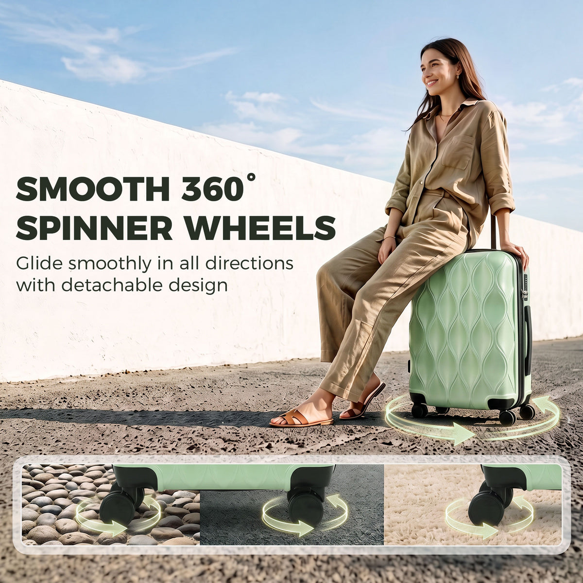 41L Cabin Suitcase | ABS Hard Shell Frosted Finish | TSA 3-Digit Lock | 4 Detachable 360° Spinner Wheels | Aluminium Telescopic Handle | 36x23x56cm | 8kg Capacity | Green / Black