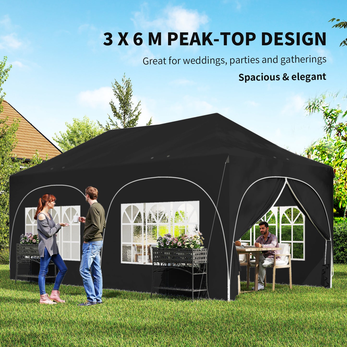 3x6m Peak-Top Pop-Up Party Gazebo | 15-20 People | UPF30+ 210D Oxford Fabric | 6 Sidewalls | 4 Windows & 2 Zipper Doors | 3 Height Settings | 12 Drainage Holes | Stakes, Ropes & Sandbags | Carry Bag | Black