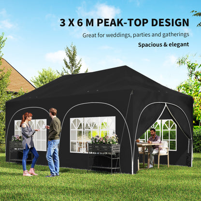3x6m Peak-Top Pop-Up Party Gazebo | 15-20 People | UPF30+ 210D Oxford Fabric | 6 Sidewalls | 4 Windows & 2 Zipper Doors | 3 Height Settings | 12 Drainage Holes | Stakes, Ropes & Sandbags | Carry Bag | Black
