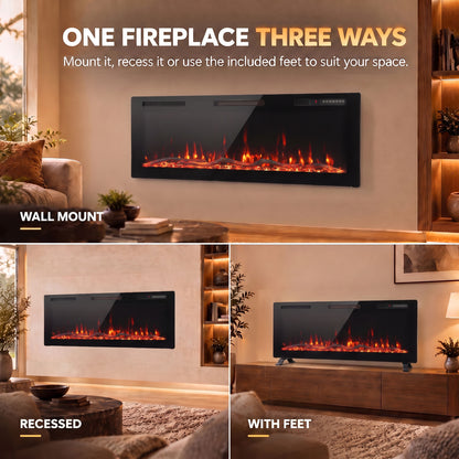107cm Slim Electric Fireplace | Wall Mounted, Recessed or Freestanding | 900/1800W, 12 Flame Colours, Remote, ECO & 7-Day Timer | Black
