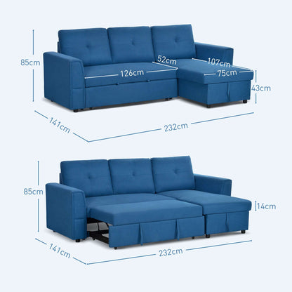3 Seater Sofa Bed, L-Shaped Corner Pull Out Sofa with Storage, Convertible Click Clack Settee Sectional Sleeper Futon - Dark Blue