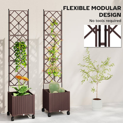 Self-Watering Raised Planter with Trellis | 8 Wheels 4 Lockable | Built-In Reservoir | Drainage Holes & Plugs | PP Fade Resistant | 20kg Capacity | 120x40x192cm | Brown