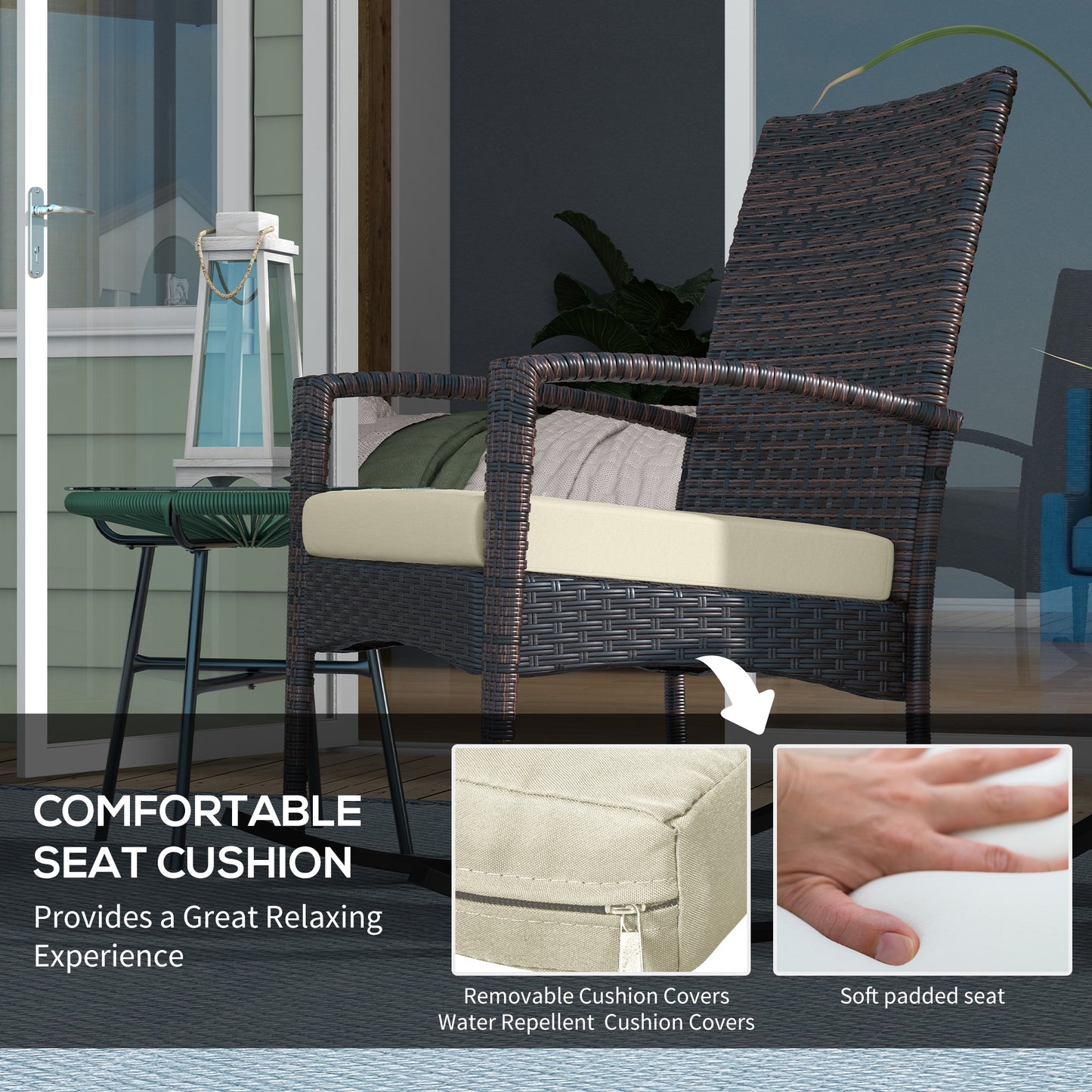 Outsunny Outdoor PE Rattan Rocking Chair Set of 2, Garden Rocking Chair Set with Armrest and Cushion