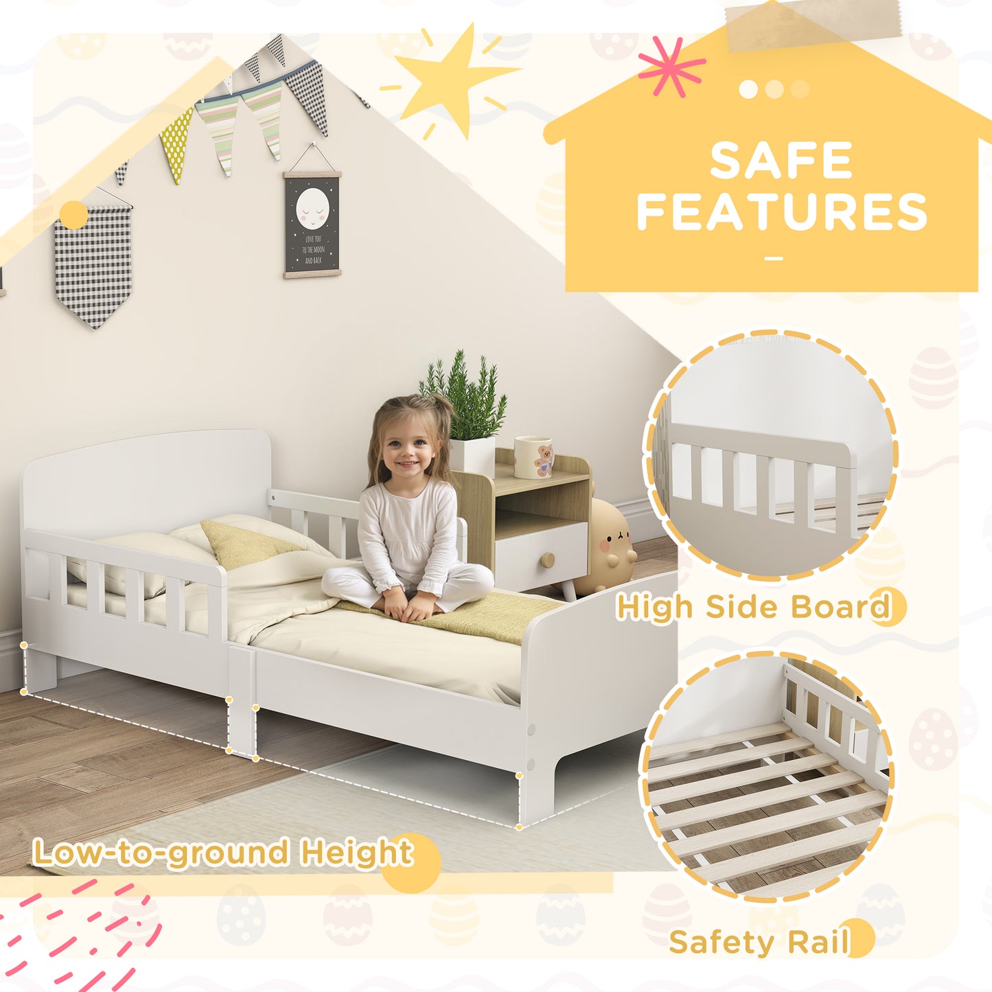 AIYAPLAY Toddler Bed, Kids Bed Frame with Safety Side Rails, Kids Bedroom Furniture for Ages 3-8 Years, White
