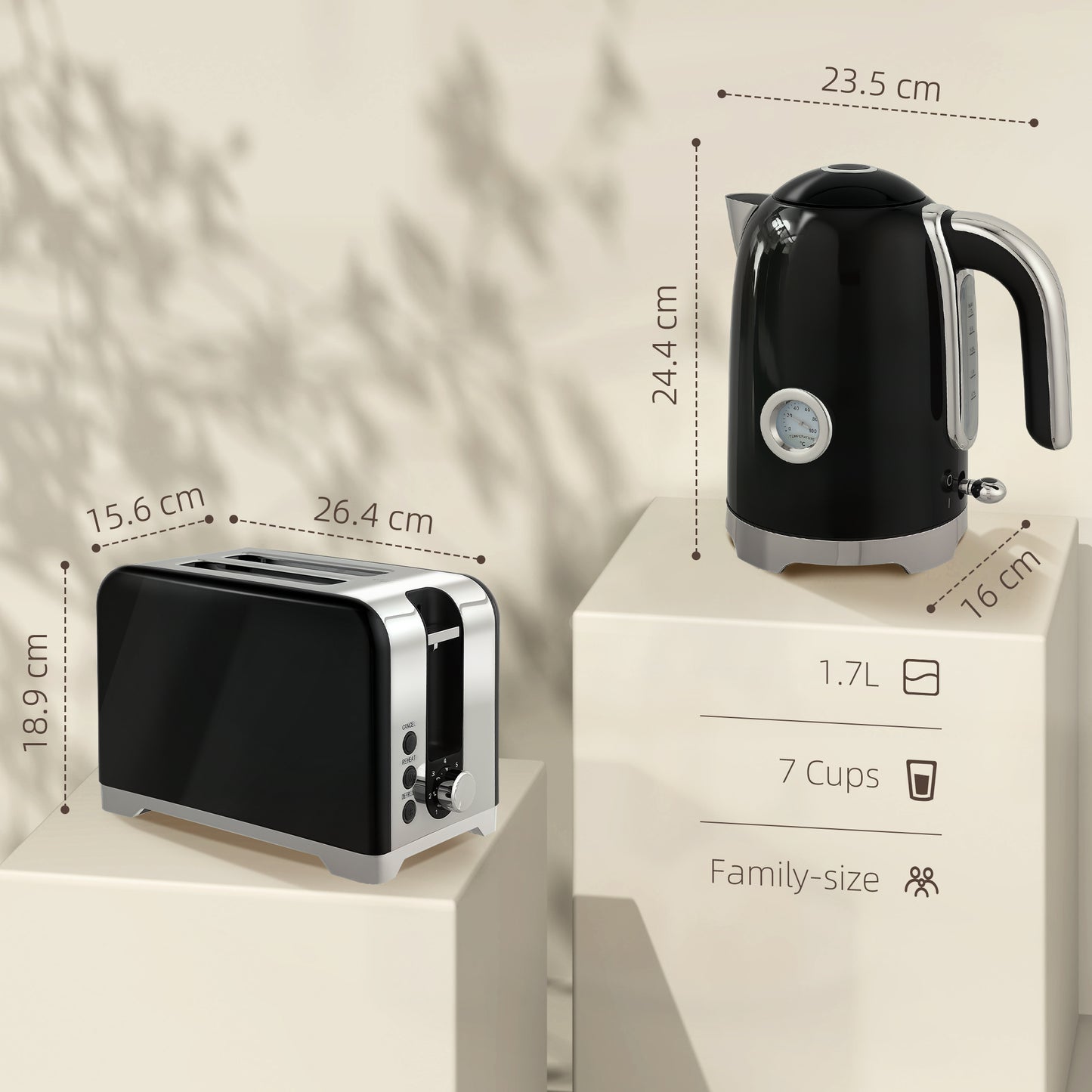 Retro Toaster and Kettle Set - Black / Cream