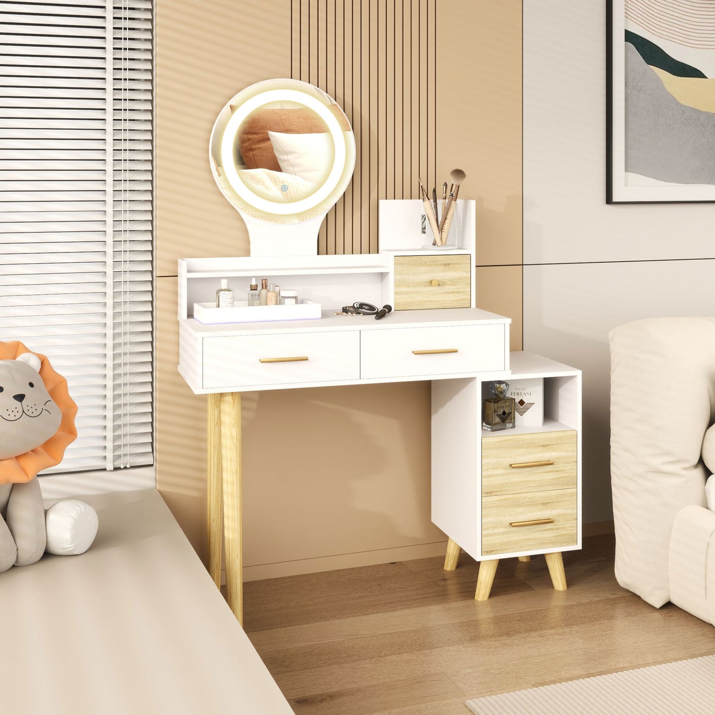 Elegant Dressing Dresser Table Vanity Desk, with Storage - White