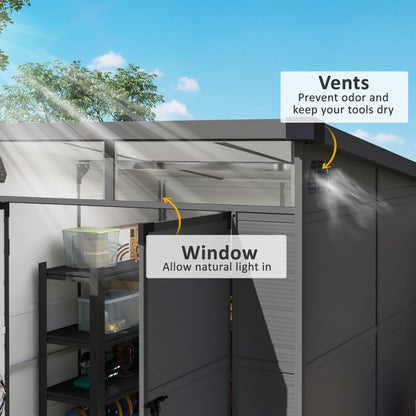 6 x 6ft Outdoor Storage Shed, Plastic Garden Shed with Windows and Air Vents, Outdoor Resin Tool Shed with Latch Doors for Garden, Deck