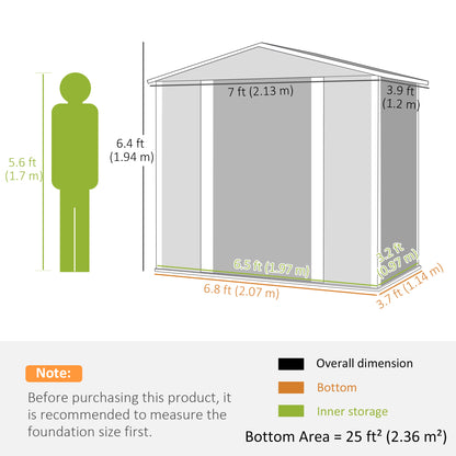 7 x 4ft Garden Shed, Easy to Assemble, Upgraded Galvanised Steel Frame with Foundation Kit, Double Doors with Lock, Outdoor Metal Shed