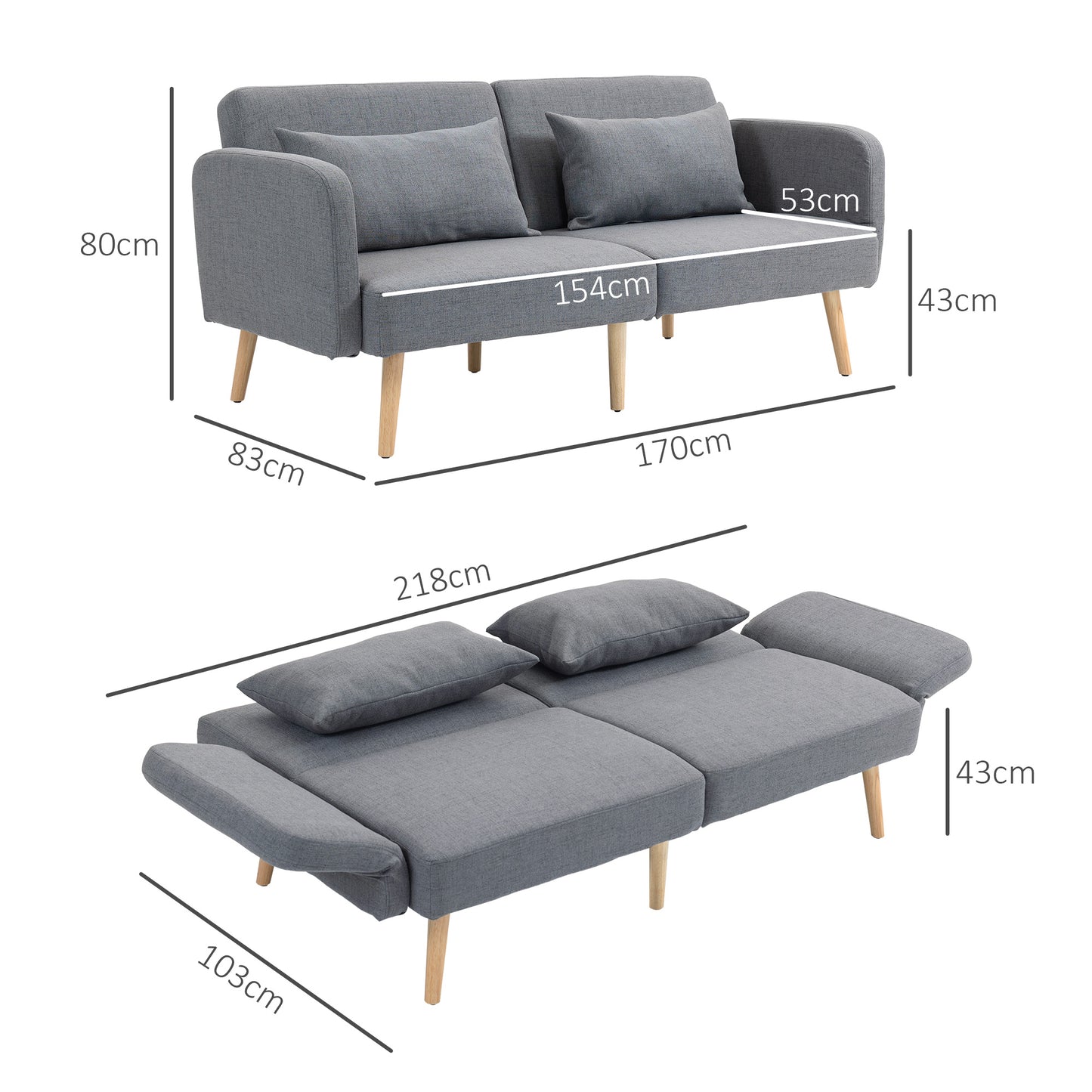 3/2 Seater Sofa Bed, Convertible Bed Settee, Modern Fabric Loveseat Sofa Couch with 2 Cushions for Living Room, Guest Room, Grey