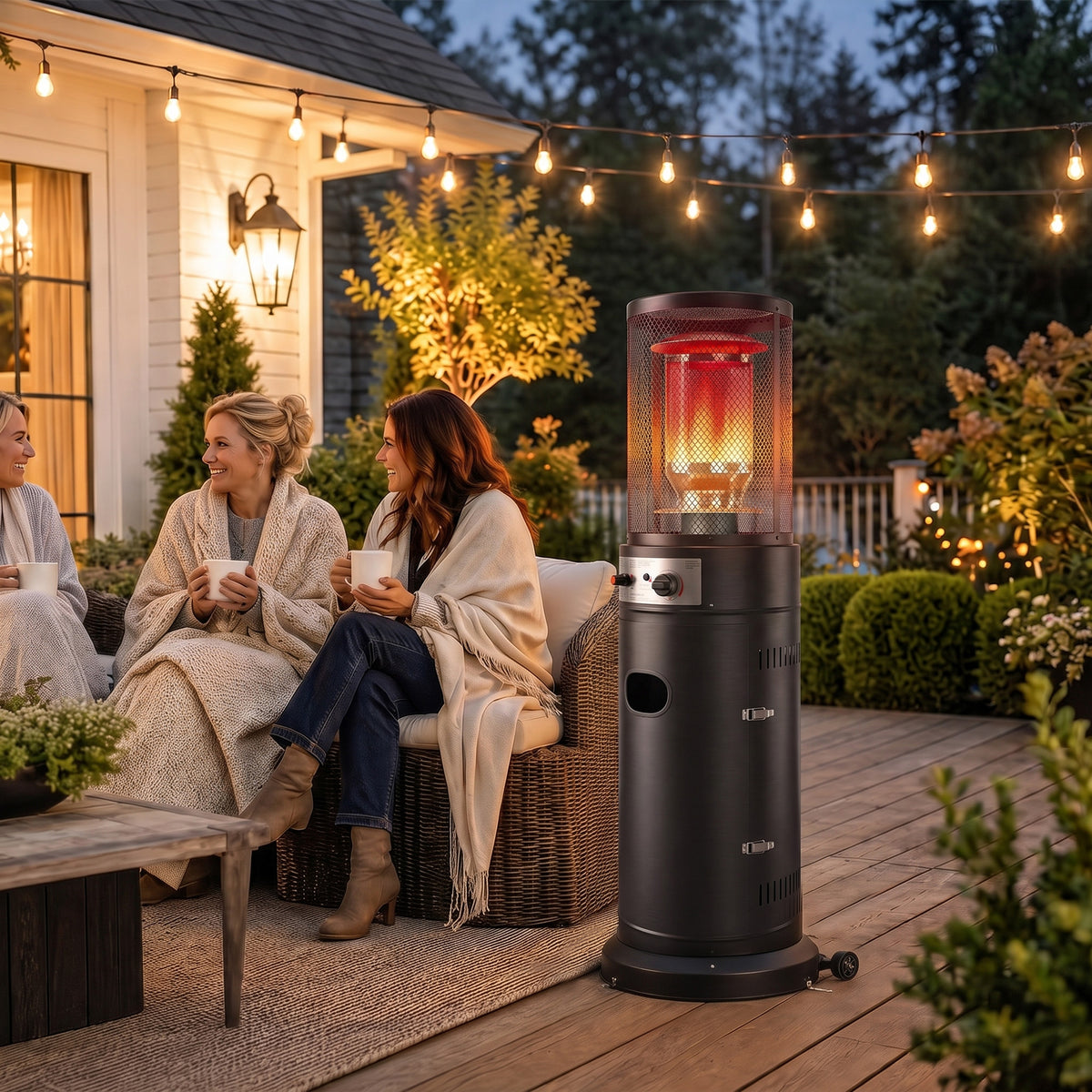 11kW Gas Patio Heater | 30m² Coverage | Propane & LPG | Pulse Ignition | Stepless Control | 45° Tilt Shutoff | Metal Mesh Guard | 2 Wheels | Pre-Drilled Stake Holes | 52x46x137cm | Black