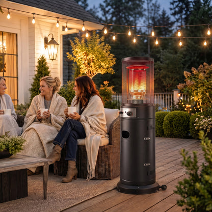 11kW Gas Patio Heater | 30m² Coverage | Propane & LPG | Pulse Ignition | Stepless Control | 45° Tilt Shutoff | Metal Mesh Guard | 2 Wheels | Pre-Drilled Stake Holes | 52x46x137cm | Black