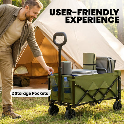 Outsunny 80L Foldable Festival Trolley on Wheels – Drop-Down Tailgate, 150kg, Adjustable Handle, 2 Cup Holders, Quick-Release Wheels – Green