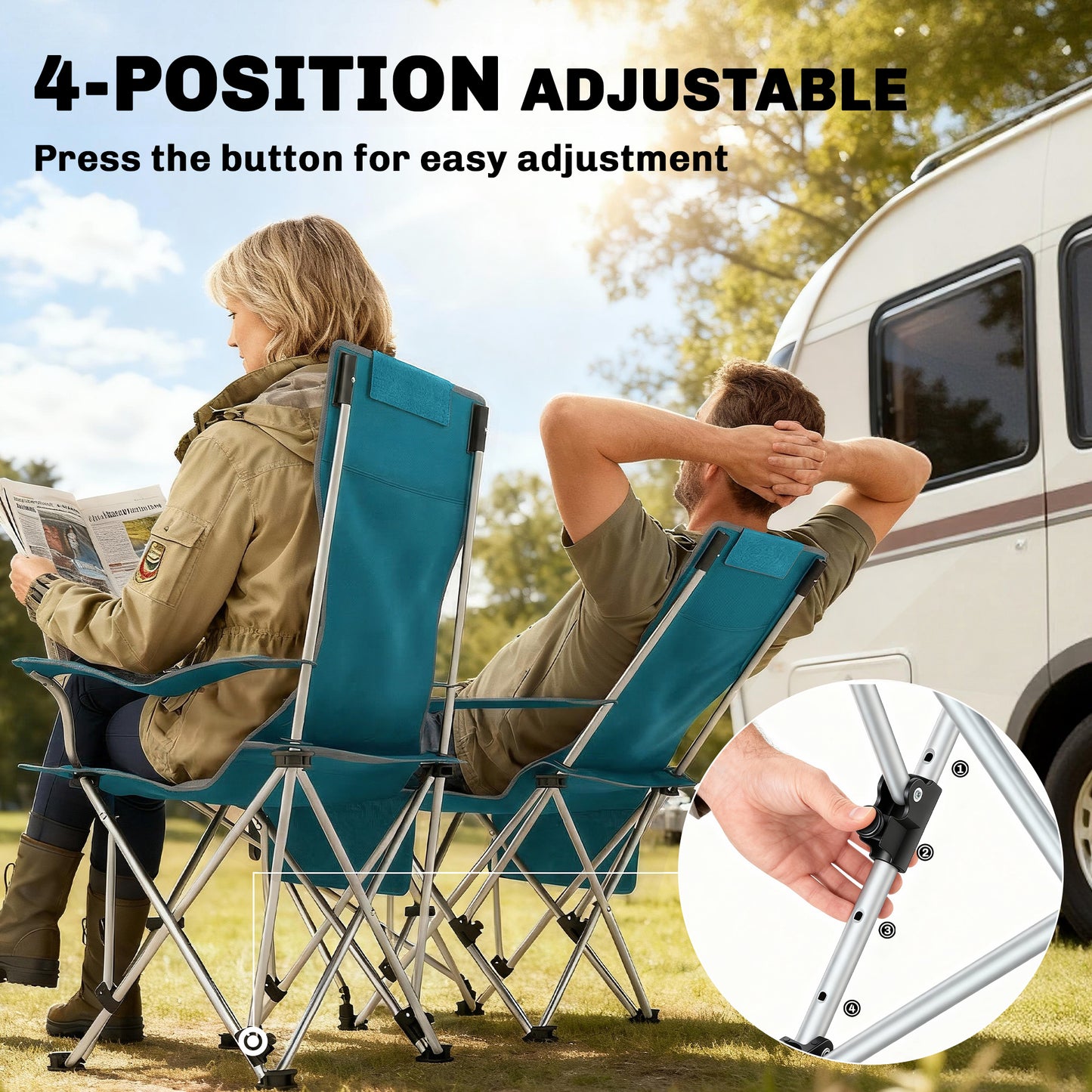 Outsunny Set of 2 Reclining Folding Camping Chairs – Detachable Footrest, Padded Headrest, Cup Holder, 600D Oxford, 120kg, Carry Bag – Blue & Grey