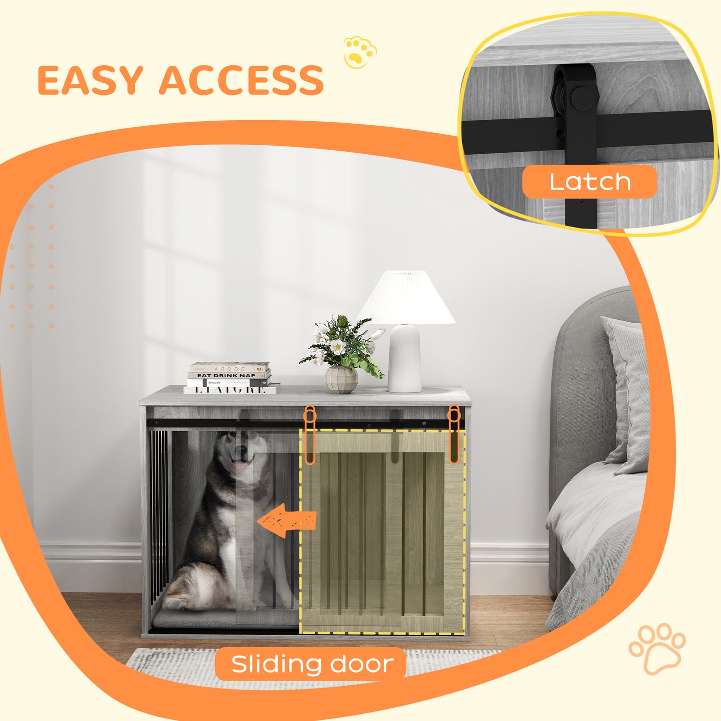 Dog Crate Furniture Side Table | Barn Door | Removable Washable Cushion | 3-Sided Ventilation | Large Dogs up to 30kg | 100 x 60 x 61cm | Grey