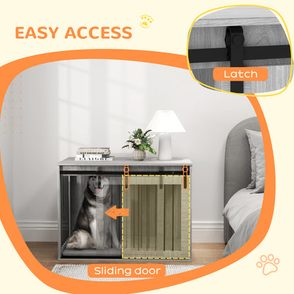 Dog Crate Furniture Side Table | Barn Door | Removable Washable Cushion | 3-Sided Ventilation | Large Dogs up to 30kg | 100 x 60 x 61cm | Grey