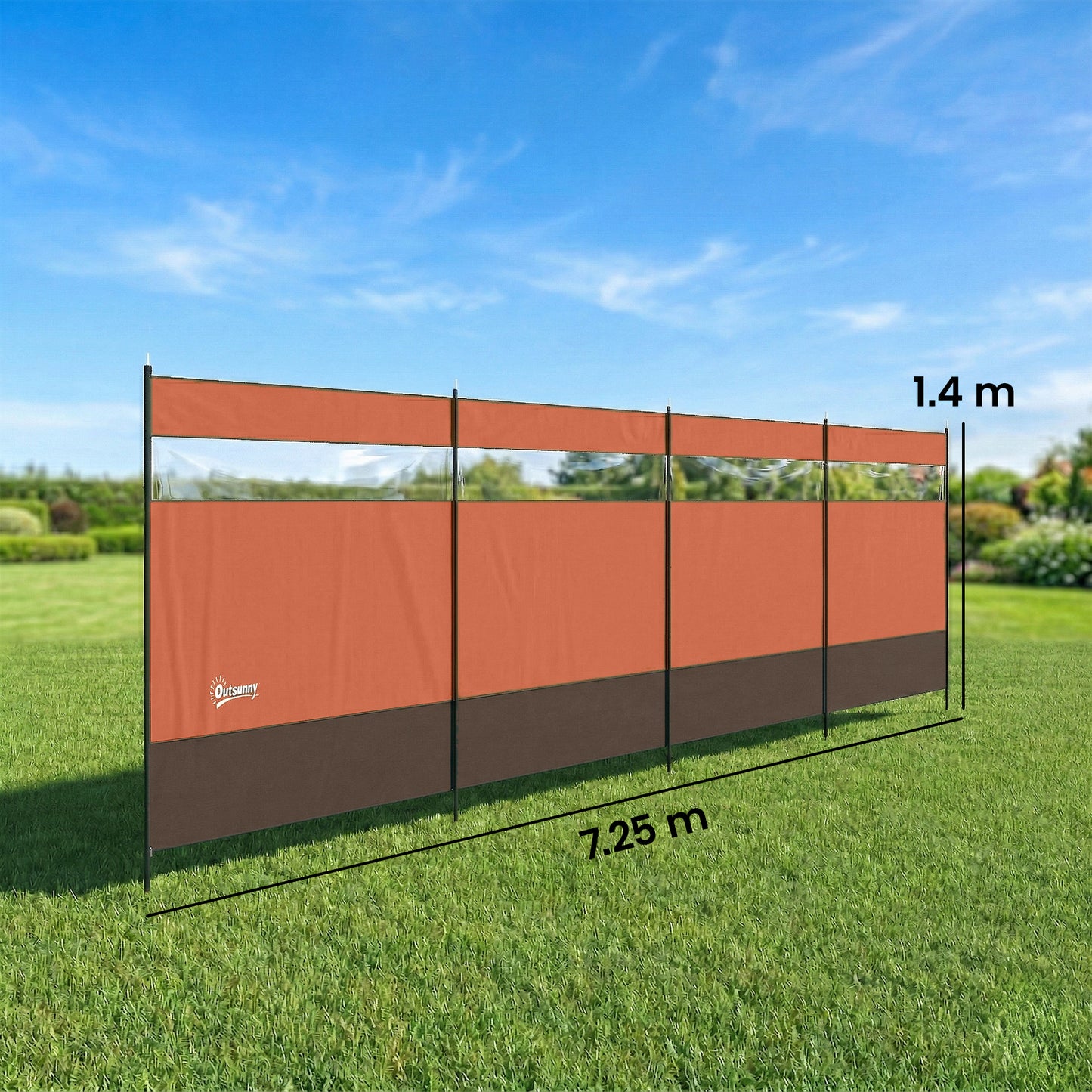 Camping Windbreaker with Clear Windows | 725x140cm | Steel Poles | 15 Stakes & 10 Guy Ropes | Beach & Caravan | Orange