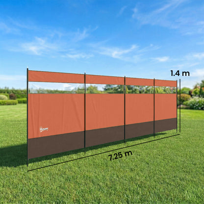 Camping Windbreaker with Clear Windows | 725x140cm | Steel Poles | 15 Stakes & 10 Guy Ropes | Beach & Caravan | Orange