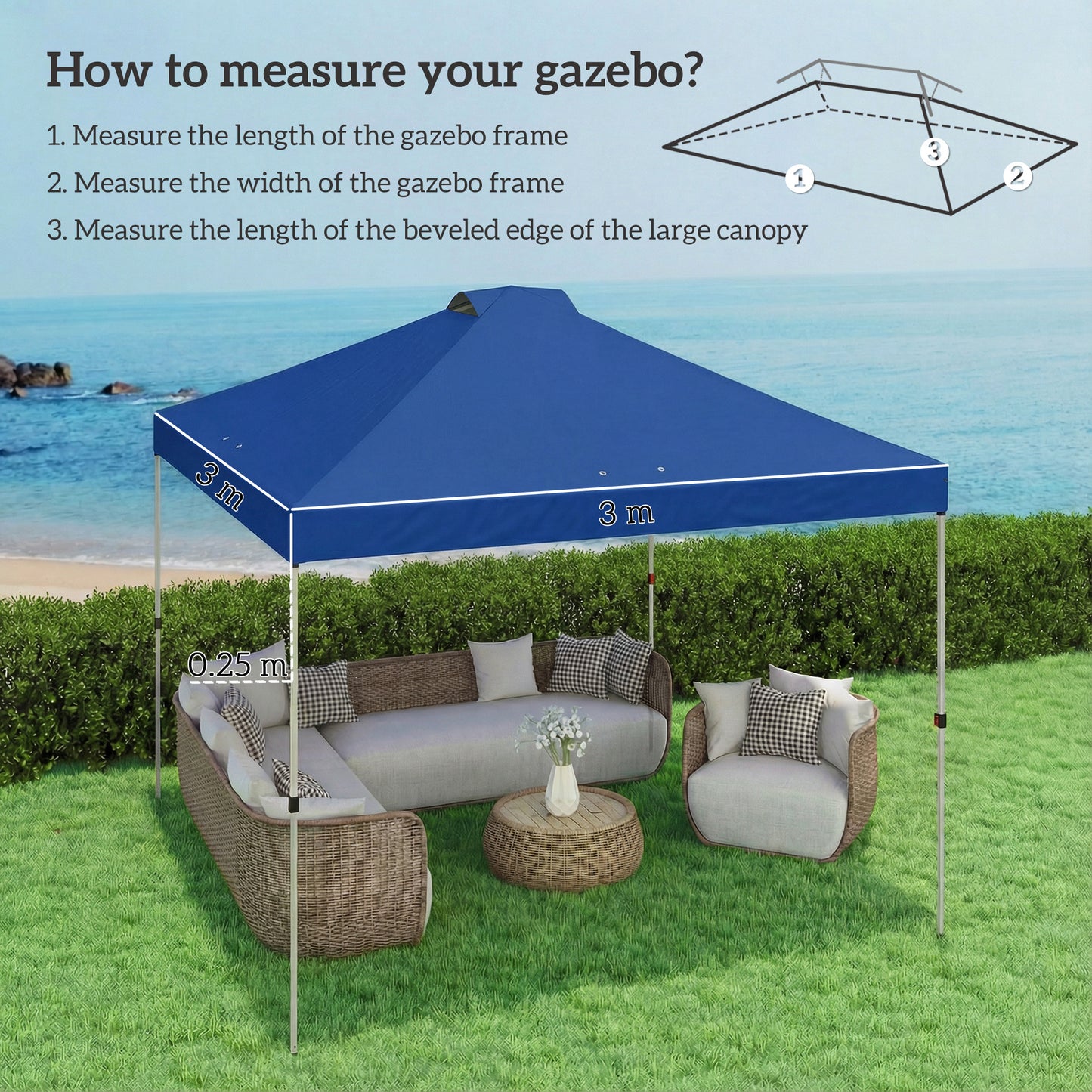 3x3m Gazebo Roof Replacement Canopy | UV50+ Waterproof | 210D Silver-Coated Oxford Fabric | Double Vented | 8 Drainage Holes | Hook & Loop | Fits 3x3m Straight-Leg Frames | Blue