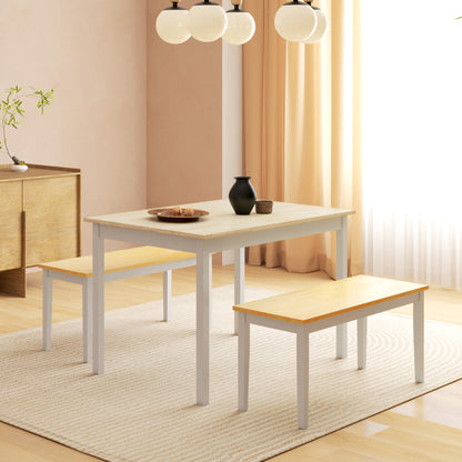 Dining Table and Bench Set, Farmhouse Kitchen Table and Bench with Wooden Frame for Living Room, Dining Room, Natural and White