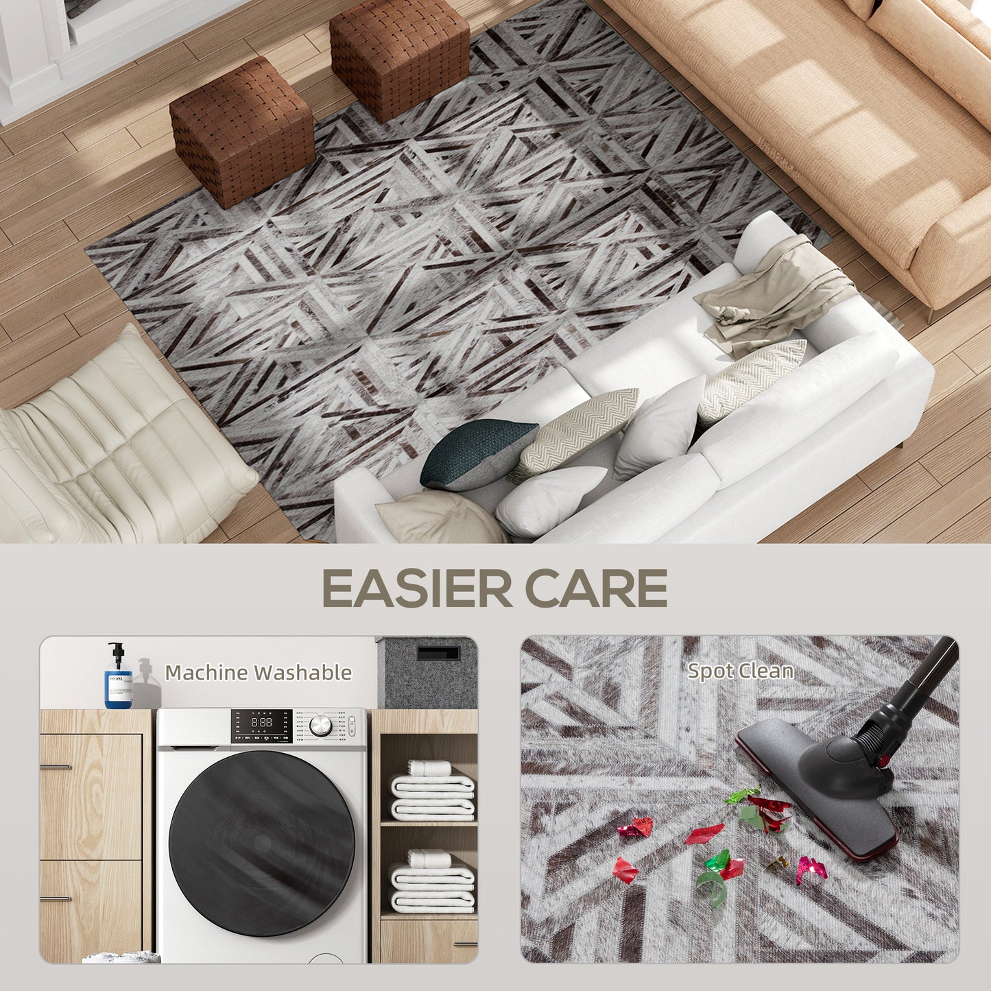Modern Chenille Area Rug | Faux Leather Patchwork Print | Machine Washable | Non-Slip | Foldable | 230x160cm | Brown | Living Room Bedroom Dining Room Home Office