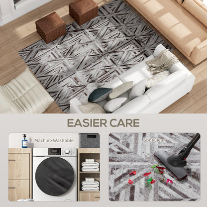 Modern Chenille Area Rug | Faux Leather Patchwork Print | Machine Washable | Non-Slip | Foldable | 230x160cm | Brown | Living Room Bedroom Dining Room Home Office