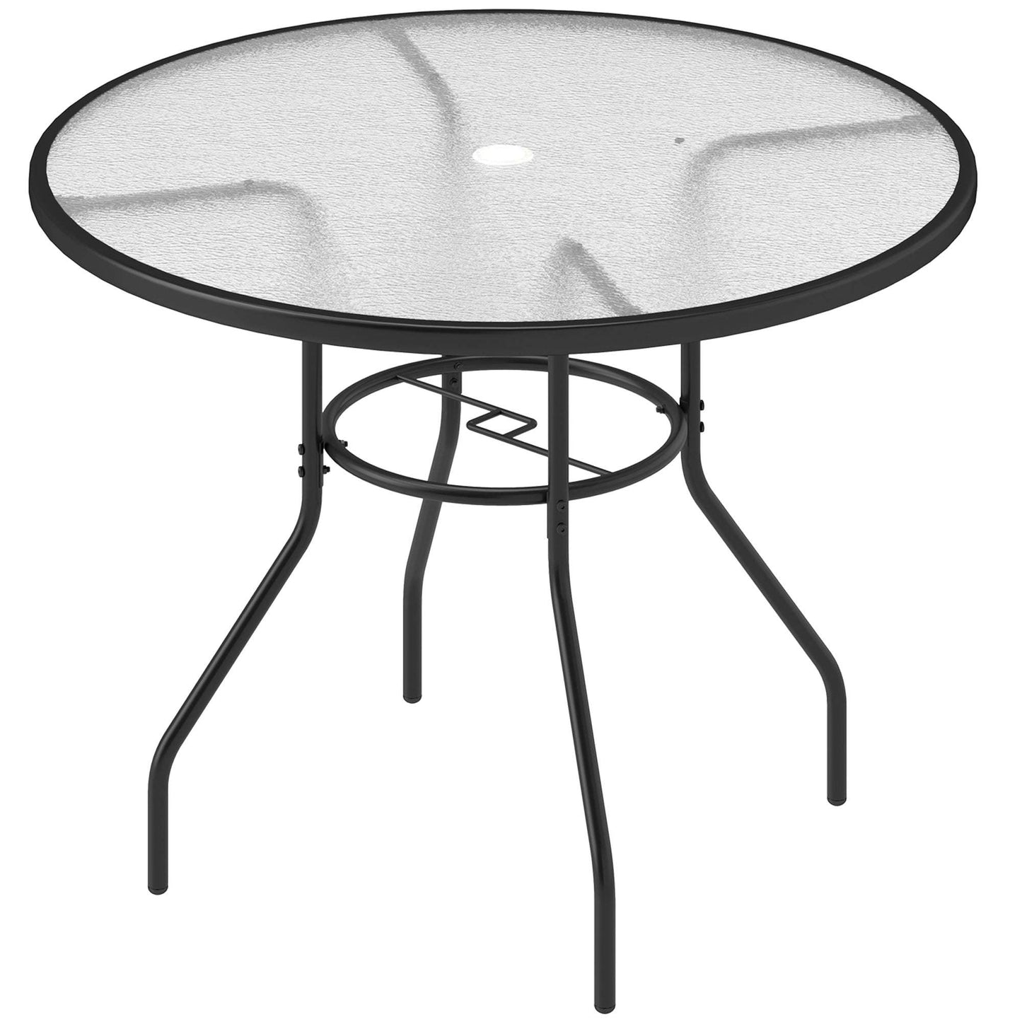 Outsunny 100 cm Round Dining Table with Parasol Hole, Outdoor Tempered Glass Top, Steel Frame for Garden, Black