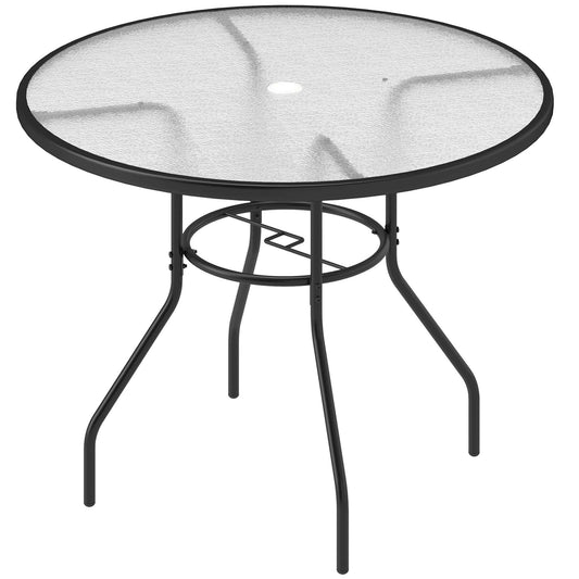 Outsunny 100 cm Round Dining Table with Parasol Hole, Outdoor Tempered Glass Top, Steel Frame for Garden, Black