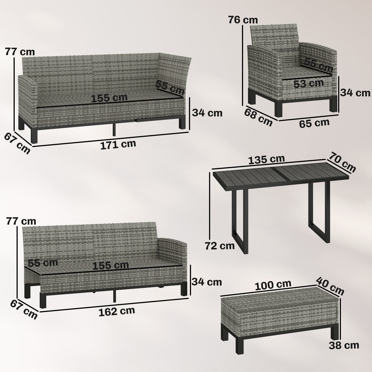9-Seater Rattan Corner Sofa & Dining Set | Ottoman | Faux Wood Table | Washable Cushions | Dark Grey