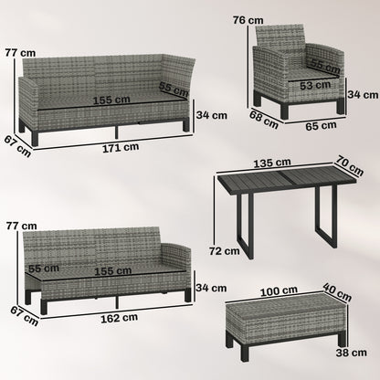 9-Seater Rattan Corner Sofa & Dining Set | Ottoman | Faux Wood Table | Washable Cushions | Dark Grey