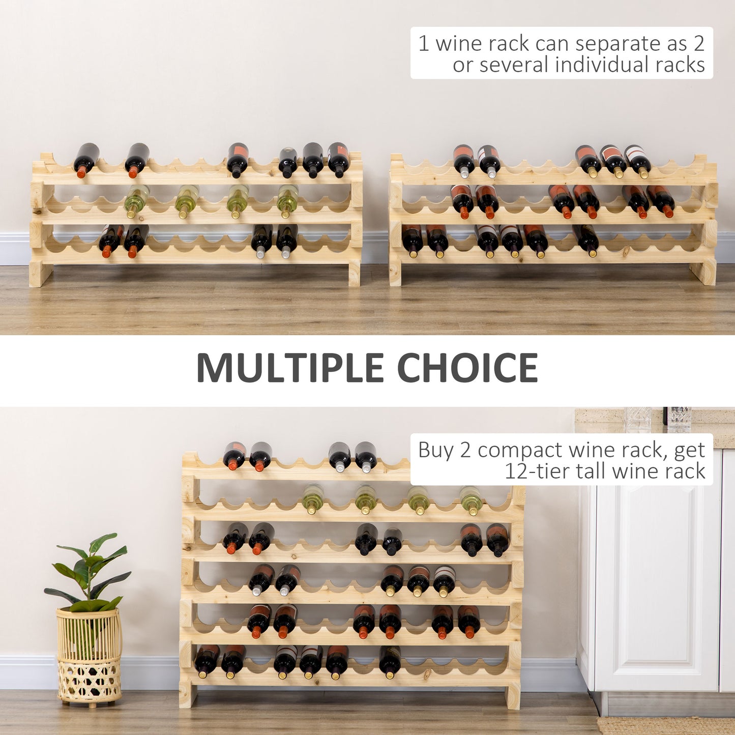 Six-Tier, 72 Bottle Wooden Wine Rack Set of 2 - Natural Wood