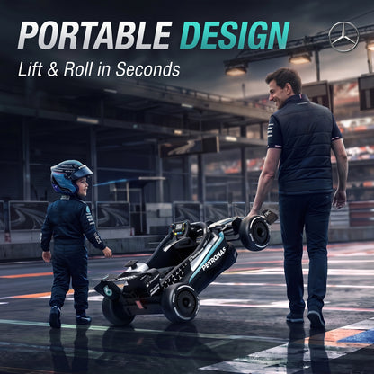 Mercedes-AMG PETRONAS F1 Licensed Kids Electric Go-Kart | Dual 12V Motors | 3 Speeds 3.3-5.5km/h | Parent Remote | Soft Start | Rear Suspension | PVC Silent Strips | Tow Handle | 2-Point Harness | Music & Lights | 123x66x39cm | 30kg | Ages 3-5 | Black
