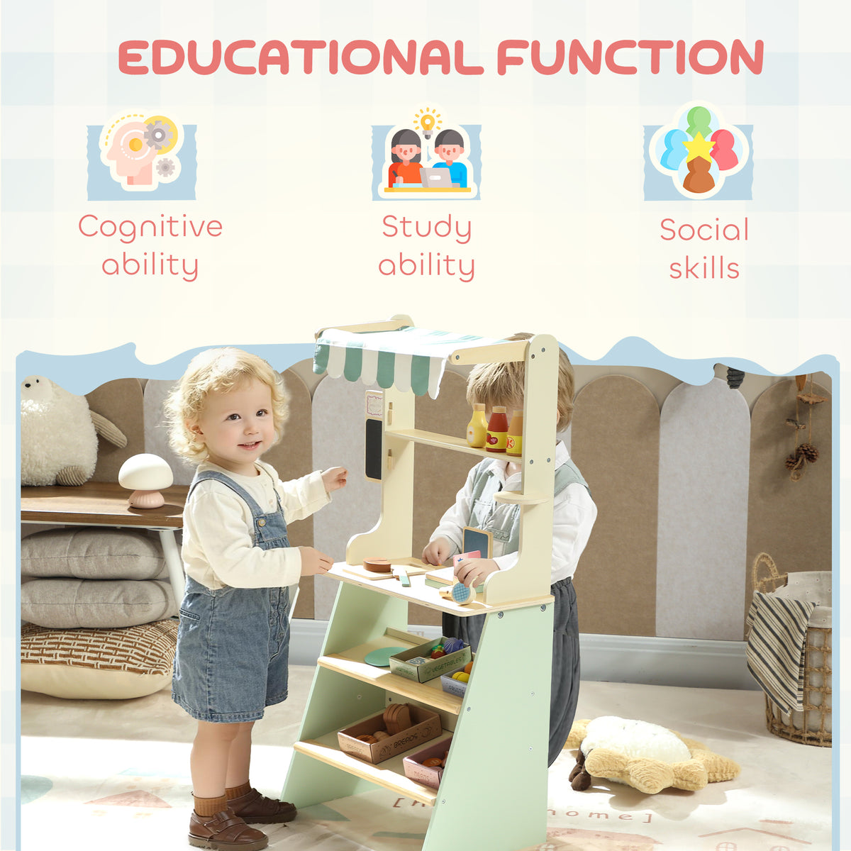 AIYAPLAY Wooden Toy Shop & Market Stall | Green | 40x30x92.5cm | 34 Accessories | Cash Register | Blackboard | Cuttable Food | 4 Storage Boxes | MDF & Wood | Rounded Edges | Age 3+