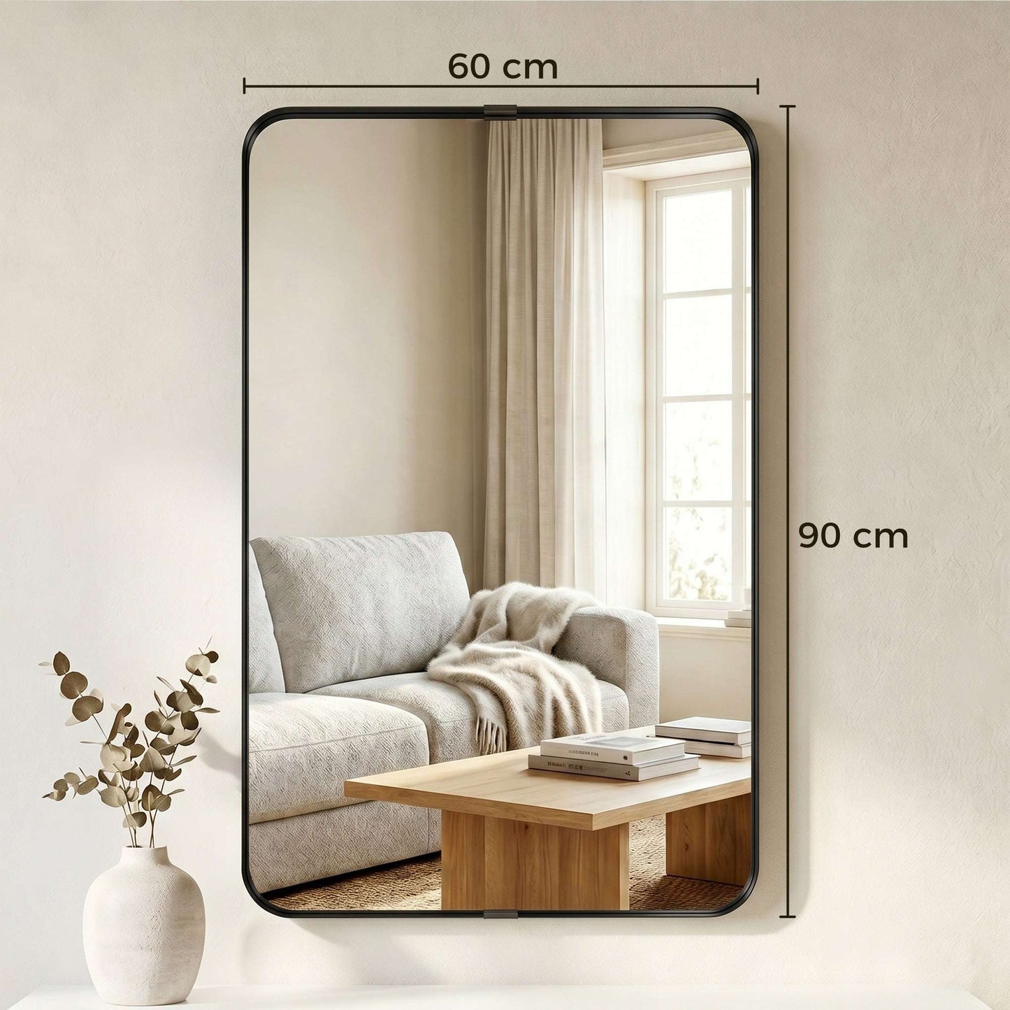 Rectangular Wall Mirror | Shatterproof Tempered Glass | Anodised Aluminium Alloy Frame | 4cm Deep 3D Effect | Soft Rounded Corners | No Assembly | 60x4x90cm | Black