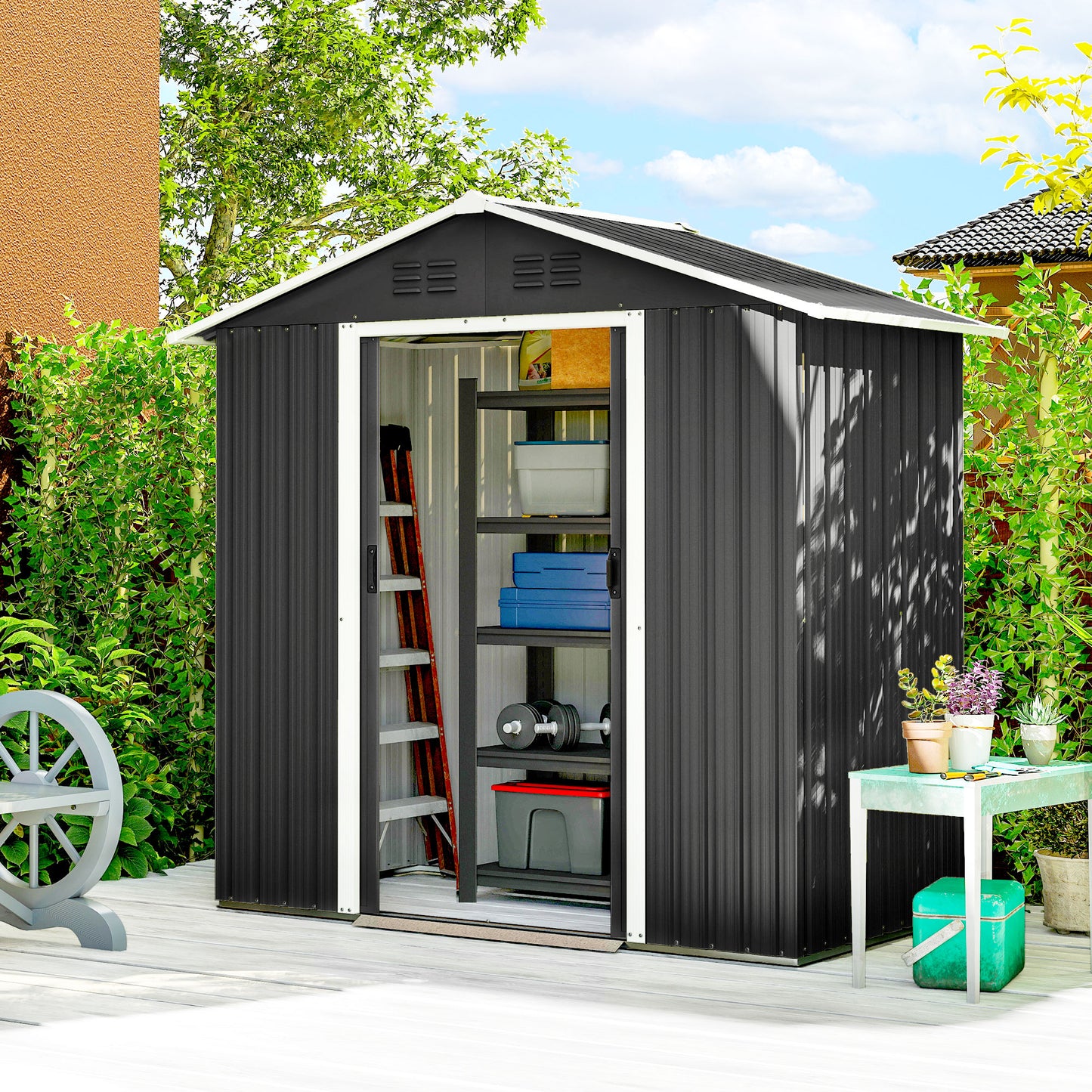 Galvanised Steel Garden Storage Shed | Double Sliding Lockable Door | 4 Vents | Sloped Roof | Steel Tile Roof & Walls | 194x107x191cm | 1.8m² | Dark Grey
