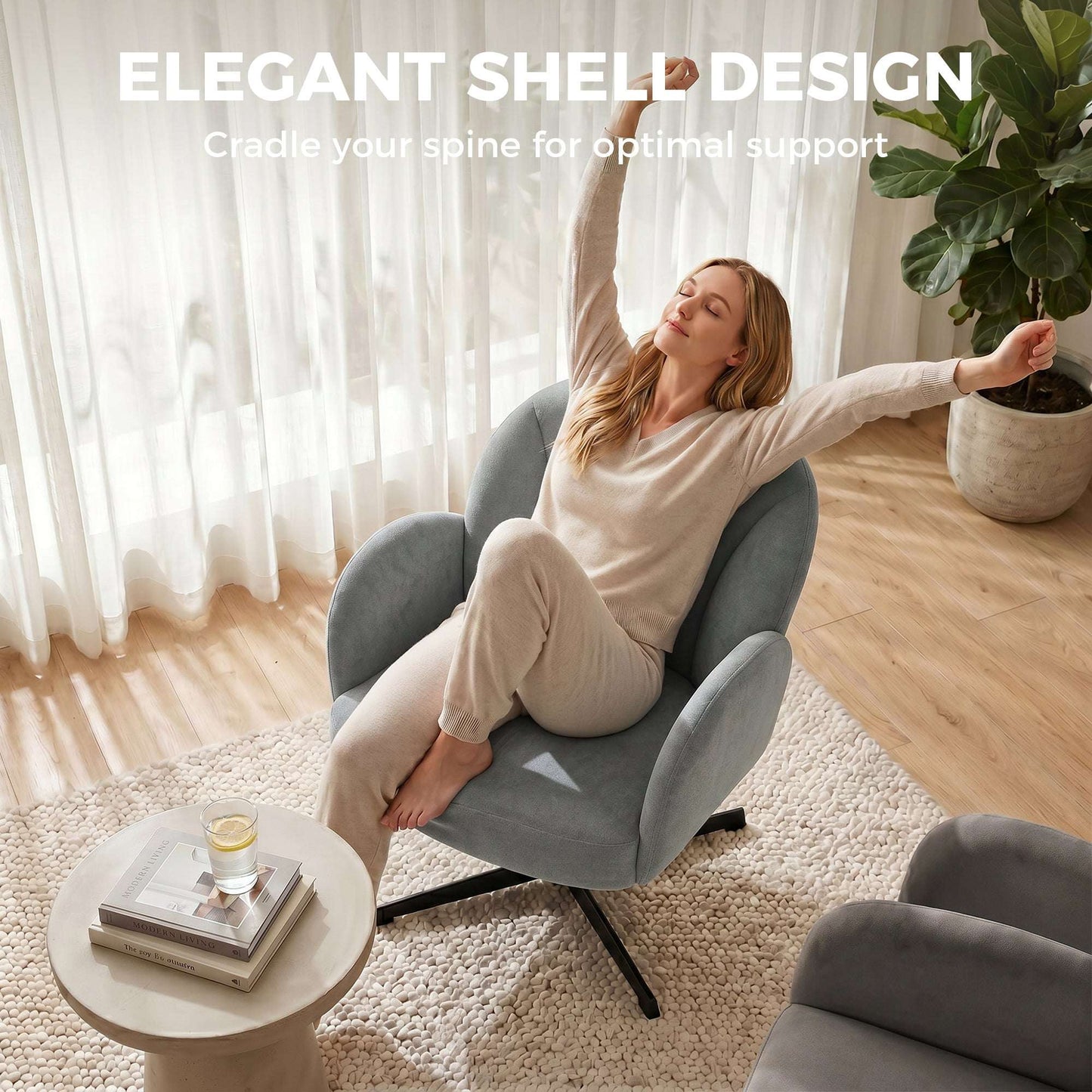 Shell-Shaped Swivel Accent Chair | 360° Swivel | 11cm Spring-Packed Seat | Velvet-Feel Fabric | Metal Base | Plastic Floor Pads | 120kg | 64.5x68x80cm | Grey