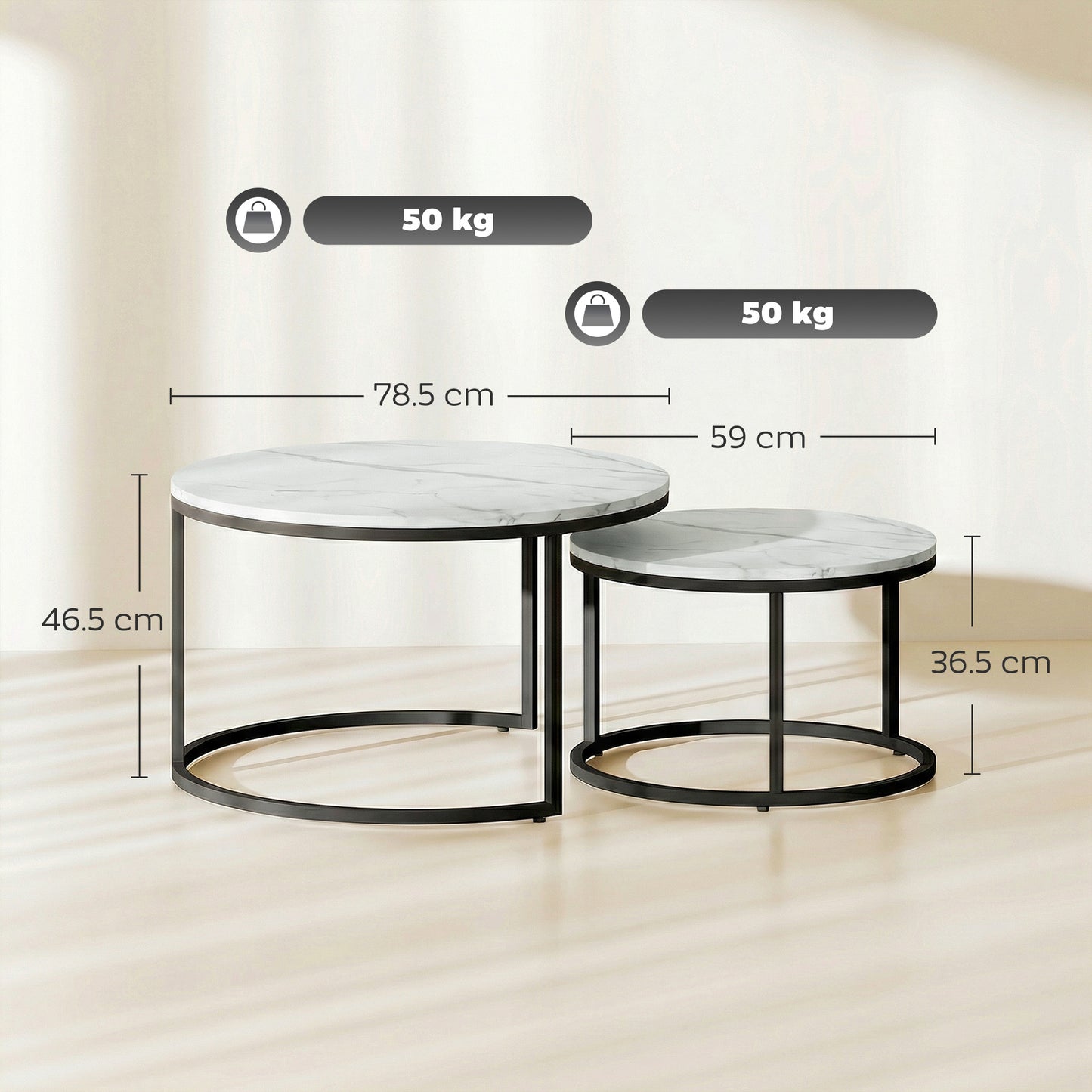 Set of 2 Round Nesting Coffee Tables | Marble-Effect MDF Top | Steel Frame | 50kg | Marble White
